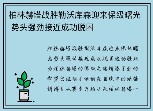 柏林赫塔战胜勒沃库森迎来保级曙光 势头强劲接近成功脱困