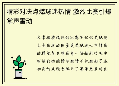 精彩对决点燃球迷热情 激烈比赛引爆掌声雷动