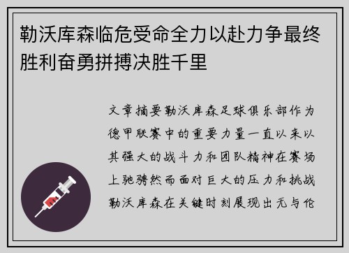 勒沃库森临危受命全力以赴力争最终胜利奋勇拼搏决胜千里
