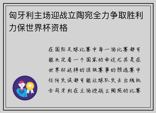 匈牙利主场迎战立陶宛全力争取胜利力保世界杯资格