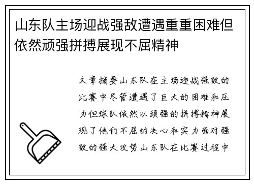 山东队主场迎战强敌遭遇重重困难但依然顽强拼搏展现不屈精神
