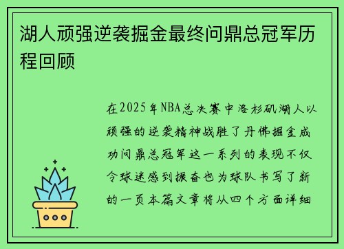 湖人顽强逆袭掘金最终问鼎总冠军历程回顾